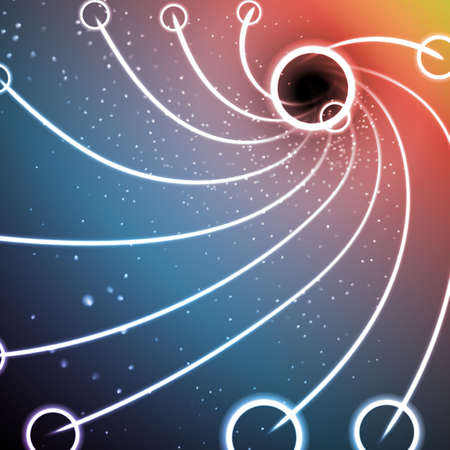 Vector infinite triangle space tunnel of glowing points and springs. Shining flares on abstract cyber and future colorful background. Techno elegant geometric wallpaper.のイラスト素材