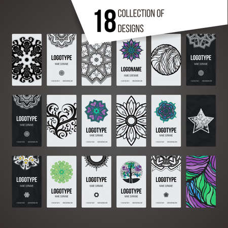 Set of vector design templates. Brochures in random colorful style. Vintage frames and backgrounds. Business card with floral circle ornament and doodle elements. Mandala style.のイラスト素材