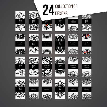 Set of vector design templates. Brochures in random colorful style. Vintage frames and patterns. Business card with floral circle ornament. Mandala style.のイラスト素材