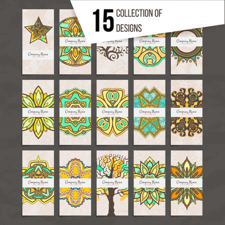 Set of vector design templates. Brochures in random colorful style. Vintage frames and backgrounds. Business card with floral circle ornament. Mandala style.のイラスト素材