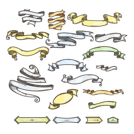 Collection of vintage ribbon, hand drawn doodle set. Vector engrave banners.のイラスト素材