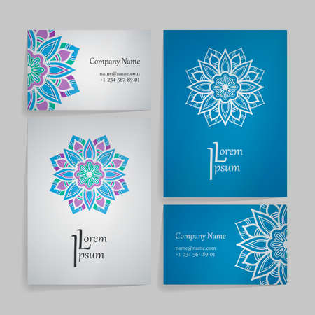 Set of vector design templates. Business card with floral circle ornament. Mandala style.のイラスト素材