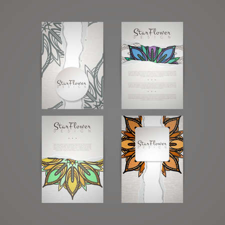 Set of vector design templates. Business card with floral circle ornament. Mandala style. Torn paper.のイラスト素材