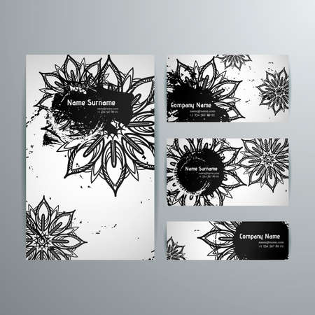 Set of vector design templates. Business card with floral circle ornament. Mandala style. Inkのイラスト素材