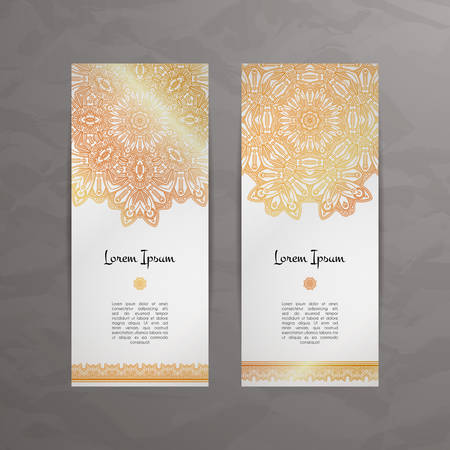 Set of vector design templates. Business card with floral circle ornament. Mandala style. Luxury goldのイラスト素材