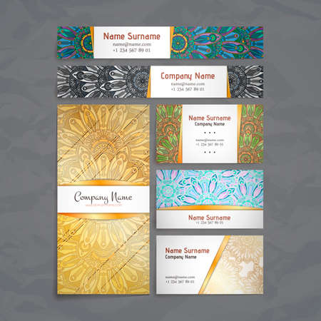 Set of vector design templates. Business card with floral circle ornament. Mandala style. Luxury goldのイラスト素材
