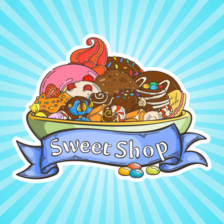 Label sweet shop. Swirl candy, chocolate, lollipop, caramel, cream.のイラスト素材