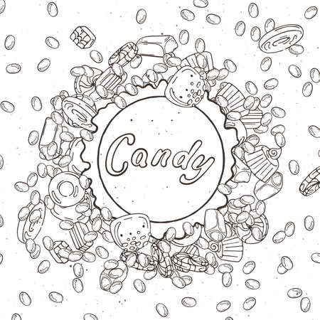 Label sweet shop. Swirl candy, chocolate, lollipop, caramel, cream. Vector illustration.のイラスト素材