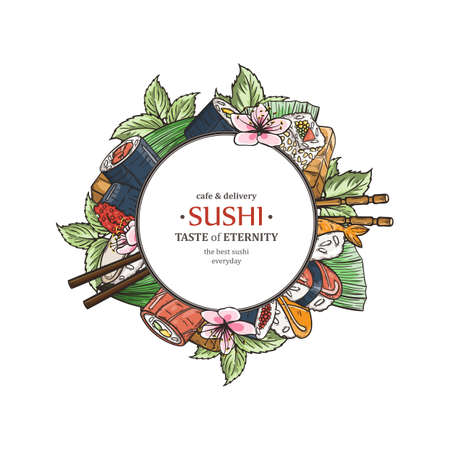 Doodle sushi restaurant and delivery design template. Asian food composition. Vector illustrationのイラスト素材