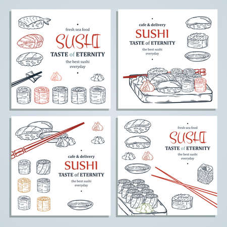 Doodle sushi and rolls on wood. Japanese traditional cuisine dishes illustration cards collection for asian restaurant menu.のイラスト素材