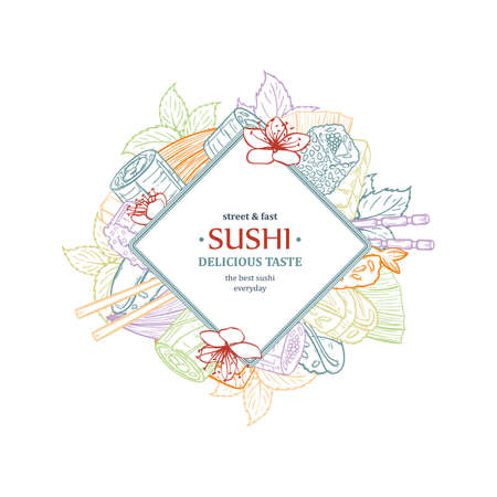 Doodle sushi restaurant and delivery design template. Asian food composition. Vector illustrationのイラスト素材