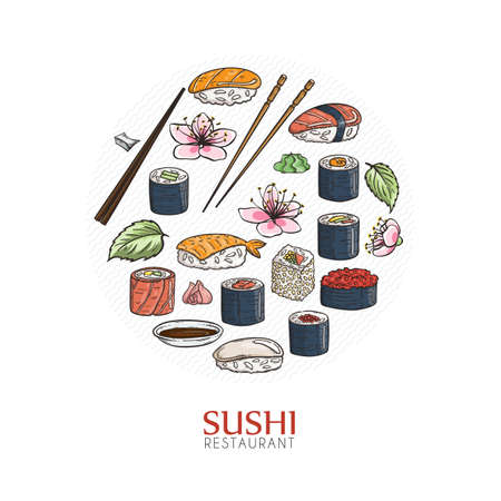 Doodle sushi restaurant and delivery design template. Asian food composition. Vector illustrationのイラスト素材