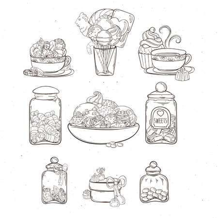 Sweets in glass jars of various forms with different candies and cookies. Vector illustrationのイラスト素材
