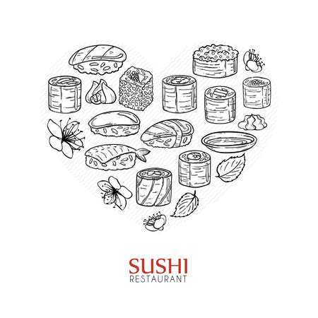 Heart shape background with sushi and rolls. Japanese traditional cuisine design elements vector illustration.のイラスト素材