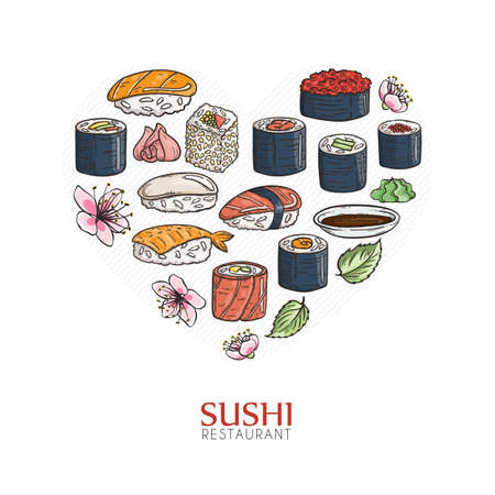 Heart background with sushi and rolls. Japanese traditional cuisine illustration. Vector with love.のイラスト素材