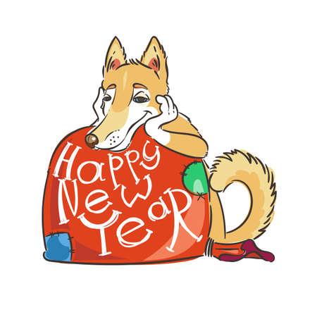 Hand drawn illustration with a doodle dog. 2018 vector symbol and lettering. Happy New Yearのイラスト素材