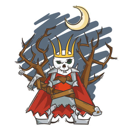 Doodle cartoon Russian Lich King. Koschey with sword and moon. Halloween vector illustrationのイラスト素材