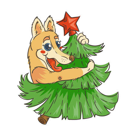 Hand drawn illustration with a yellow doodle dog with New Year Tree. 2018 vector symbol and lettering.のイラスト素材