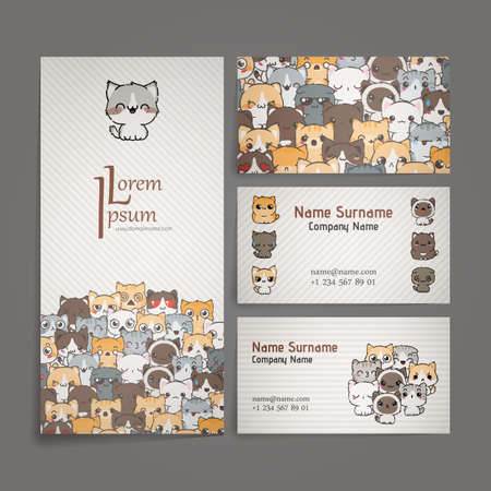 Set of card templates with cute cartoon cats and dogs with different emotions.のイラスト素材