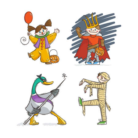 Set of kids in costumes for Halloween on white background.のイラスト素材