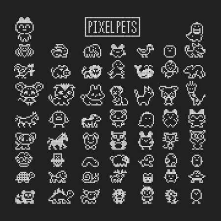 Collection of pixel animals like vintage personal game. Vector pets zoo set.のイラスト素材