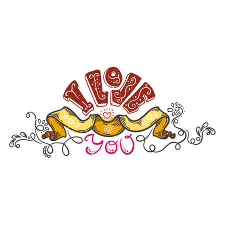 Doodle hand drawn illustration with lettering 'I Love You'.のイラスト素材