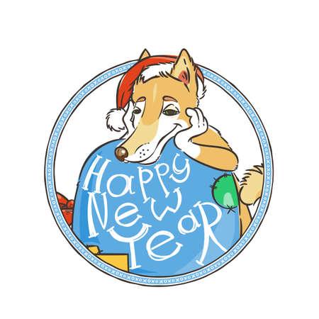 Yellow dog for New Year 2018, cute symbol of horoscope. Cute puppy in cartoon doodle style. Vector illustration.のイラスト素材