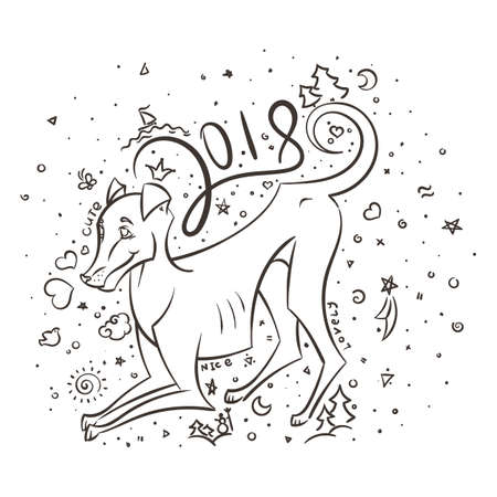 Yellow dog for New Year 2018, cute symbol of horoscope. Cute puppy in cartoon doodle style. Vector illustration.のイラスト素材