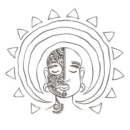 Meditation head with sun aura. Vector illustration. Mask decorative composition.のイラスト素材
