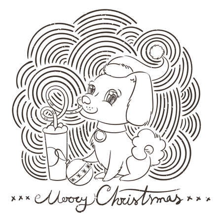 Dog drinks coffee or milk shake. Hand drawn vector illustration for t-shirt, poster, postcard on patterned backgroundのイラスト素材