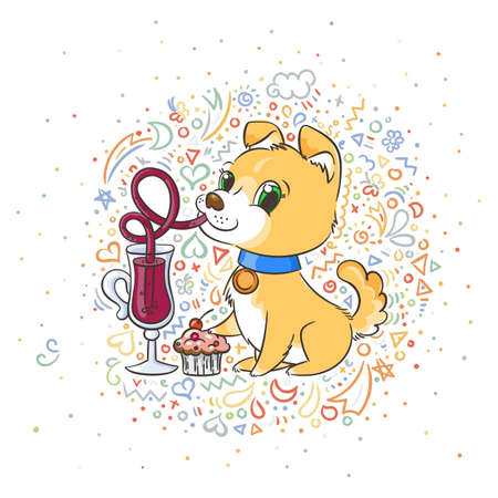 Golden dog with the cup of mulled wine and a cake. New Year symbol of 2018. Vector illustration on patterned background.のイラスト素材