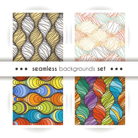 Decorative vector seamless set of wave patterns. Endless illustrations with abstract doodle streams. Geometric ornament.のイラスト素材
