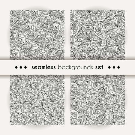 Set of doodle decorative ornamental curly vector seamless patterns. Collection of cozy cute backgrounds for coloring pagesのイラスト素材