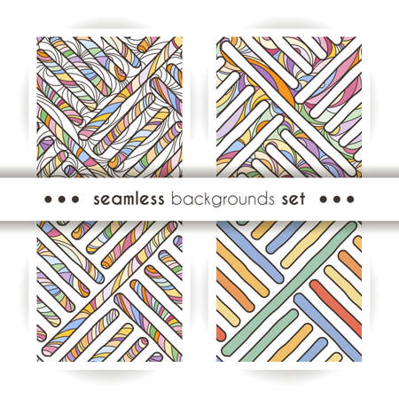 Funky doodle seamless patterns. Set of vector abstract decorative braided backgrounds with ornate ornaments.のイラスト素材