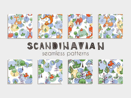 Set of seamless patterns in scandinavian style with cute foxes, trees and leaves. Forest vector illustrationのイラスト素材