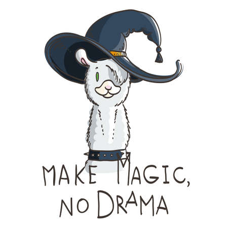 Cute card with cartoon llama. Motivational and inspirational quote. Doodling illustration. Make magic, no drama, llamaのイラスト素材