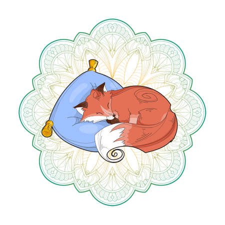 Vector image of a cute fox on a pillow isolated on a white background. Pet animal on mandala backgroundのイラスト素材