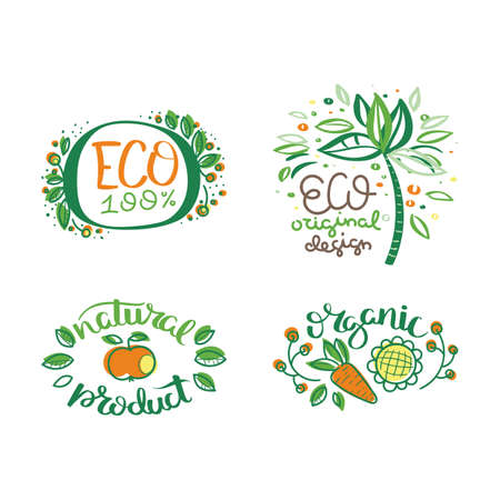 Eco vector organic labels, bio emblems for stickers and restaurants menu, natural products packaging. Gluten free, vegan, locally grown eco friendly stamps on white, fresh raw healthy food, premium quality.のイラスト素材