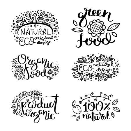 Eco vector organic labels, bio emblems for stickers and restaurants menu, natural products packaging. Gluten free, vegan, locally grown eco friendly ink stamps on white, fresh raw healthy food, premium quality.のイラスト素材