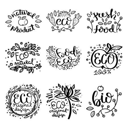 Eco vector organic labels, bio emblems for stickers and restaurants menu, natural products packaging. Gluten free, vegan, locally grown eco friendly ink stamps on white, fresh raw healthy food, premium quality.のイラスト素材