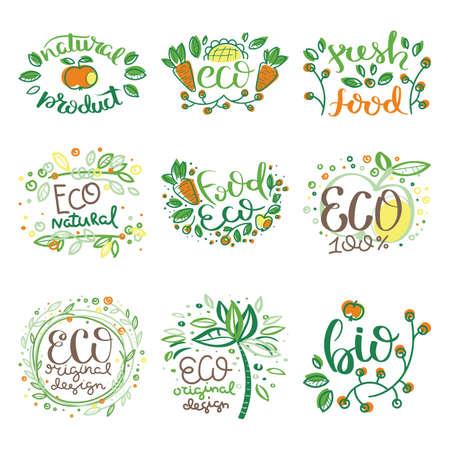 Eco vector organic labels, bio emblems for stickers and restaurants menu, natural products packaging. Gluten free, vegan, locally grown eco friendly stamps on white, fresh raw healthy food, premium quality.のイラスト素材