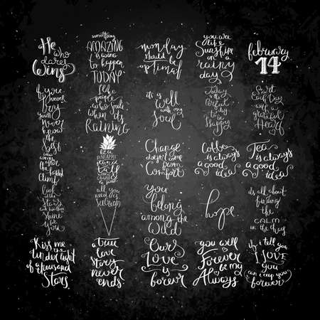 Big collection of hand written calligraphy quotes motivation for life and happiness on blackboard. Set for postcard, poster, prints, cards graphic design.のイラスト素材