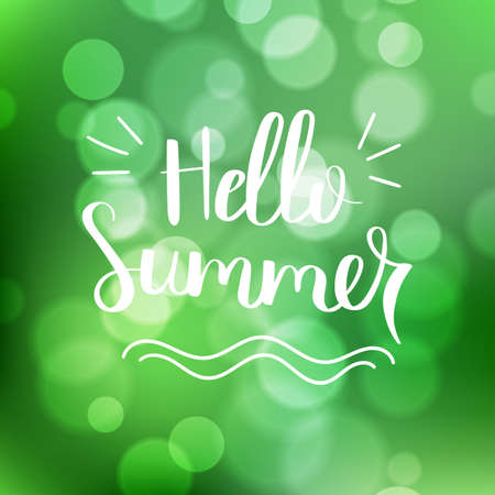 Hello summer. Hand drawn motivation quote on blurred background. Creative vector typography concept for design and printing. Ready for cards, t-shirts, labels, stickers, posters.のイラスト素材