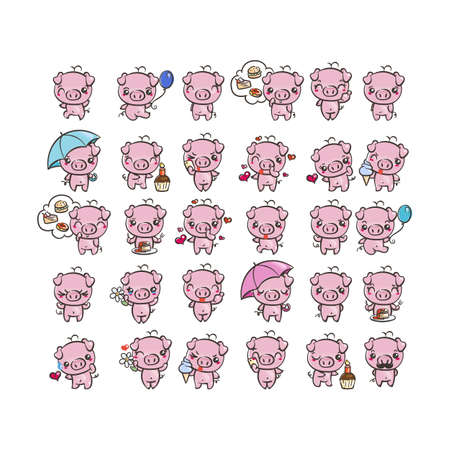 Collection of cutest pig character icon set with different emotions. Vector illustration for new 2019 year. Set of small piggyのイラスト素材