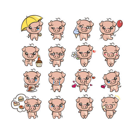Collection of cutest pig character icon set with different emotions. Vector illustration for new 2019 year. Set of small piggyのイラスト素材