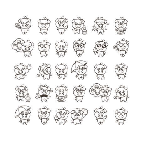 Coloring page with collection of cutest pig character icon set with different emotions. Vector illustration for new 2019 year. Set of small piggyのイラスト素材