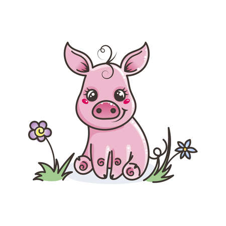 Cute cartoon baby pig on grass. Vector illustrationのイラスト素材
