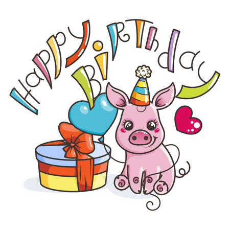 Happy birthday. Cute cartoon baby pig with holiday box. Vector illustrationのイラスト素材