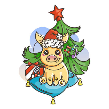 Happy New 2019 Year card with cartoon golden baby pig. Small vector symbol of holiday with music player.のイラスト素材