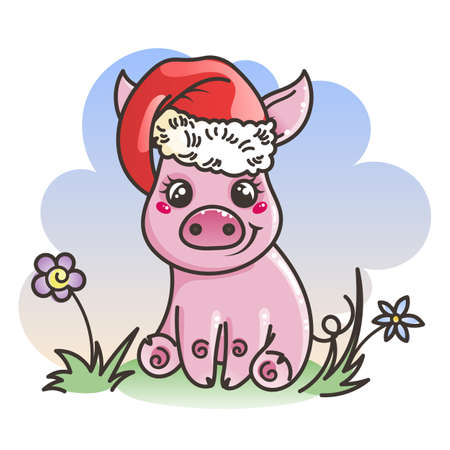 Happy New 2019 Year card with cartoon baby pig. Small vector symbol of holiday in santa hat on a grass.のイラスト素材